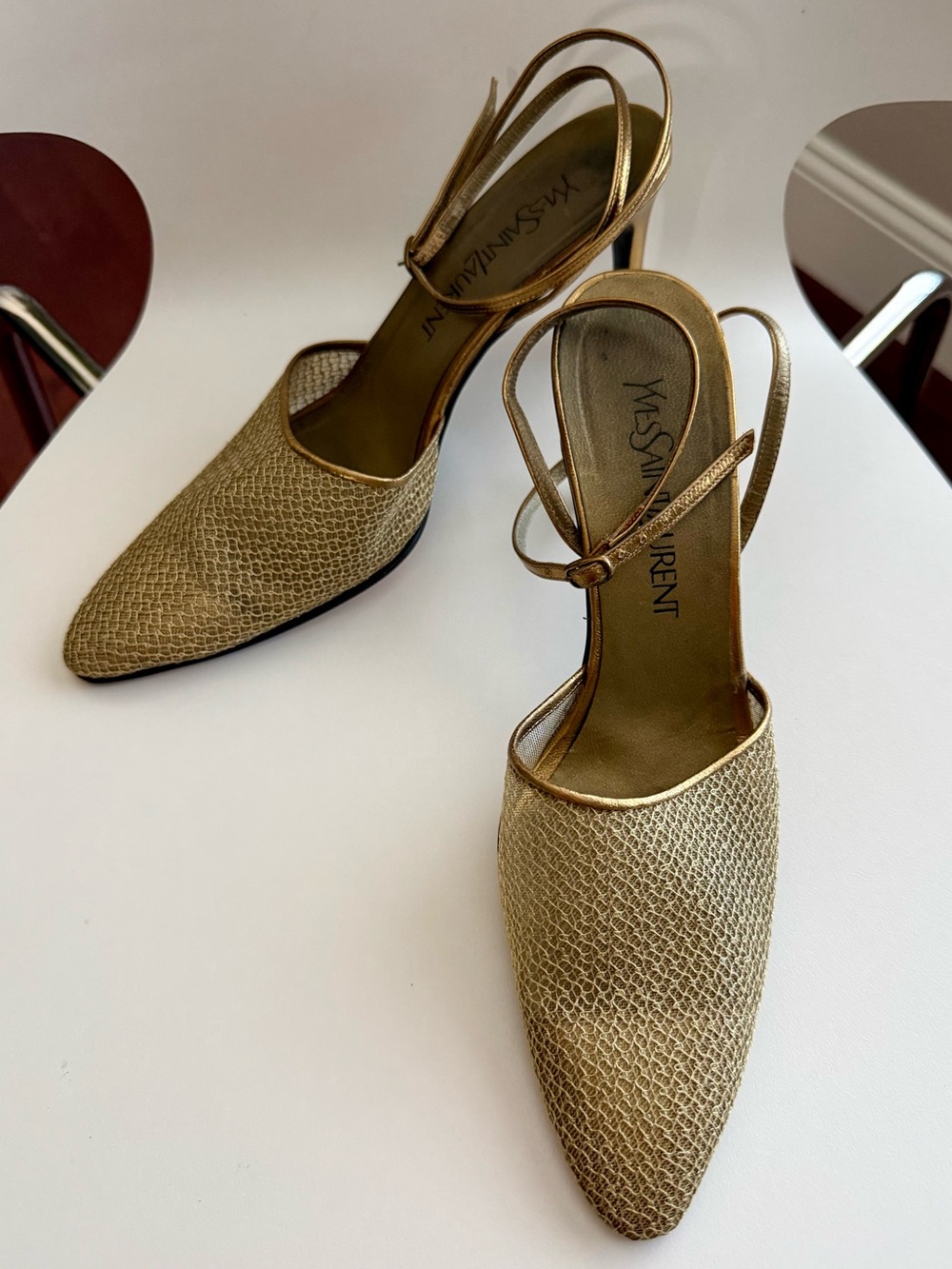 Vintage 1980 Yves Saint Laurent Gold Mesh Slingback Pointed Toe Heels USA Size 8